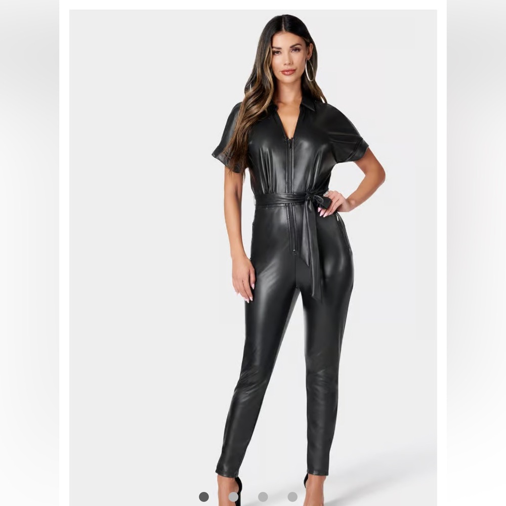 bebe VEGAN LEATHER MOTO JUMPSUIT